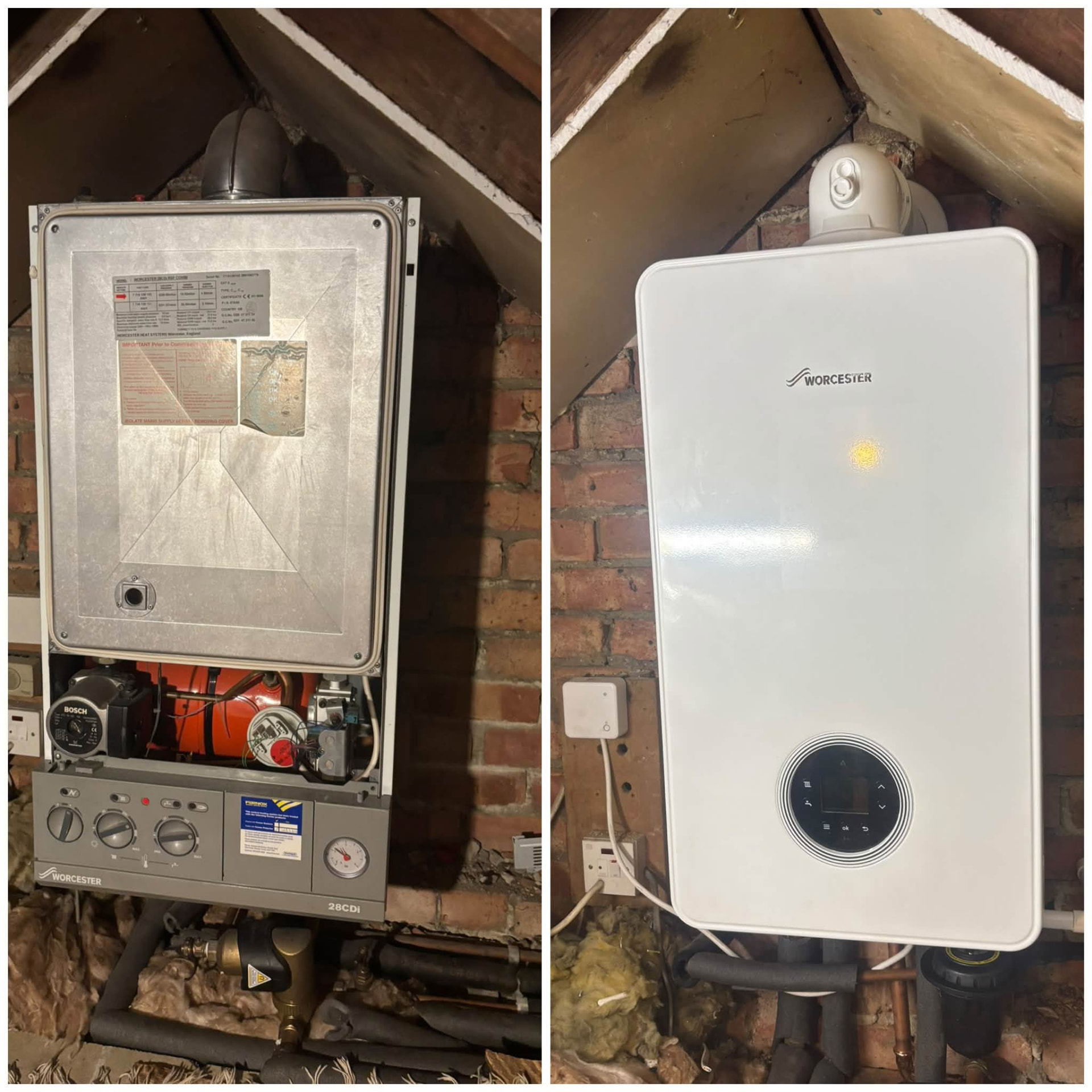 Old Worcester boiler on the left and the new white Worcester boiler that replaced it on the right, fitted in a loft